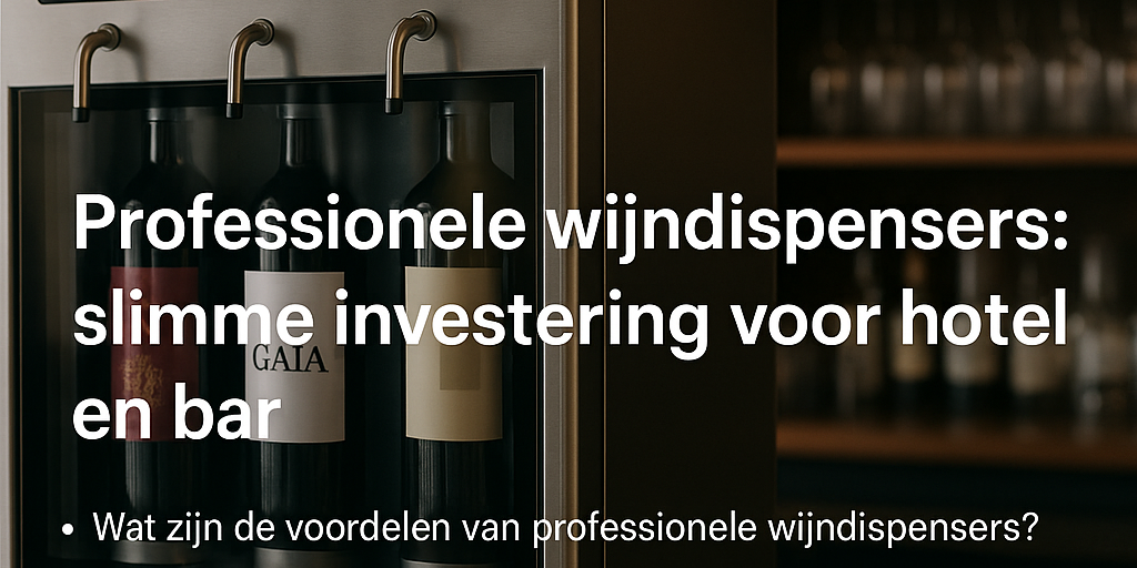Een marketingafbeelding van een moderne, roestvrijstalen wijndispenser waarin drie wijnflessen staan gekoeld achter glas, met daarboven digitale temperatuurdisplays en schenktuitjes. Over de afbeelding heen staat de tekst "Professionele wijndispensers: slimme investering voor hotel en bar", gevolgd door twee bulletpoints met vragen over de voordelen en de systeemkeuze.