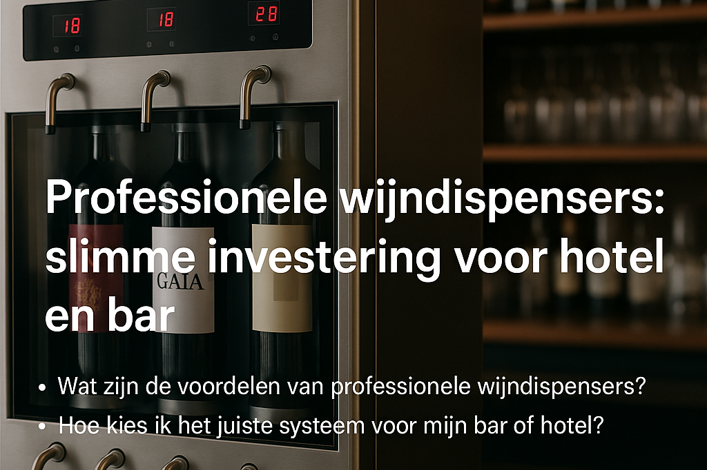 Een marketingafbeelding van een moderne, roestvrijstalen wijndispenser waarin drie wijnflessen staan gekoeld achter glas, met daarboven digitale temperatuurdisplays en schenktuitjes. Over de afbeelding heen staat de tekst "Professionele wijndispensers: slimme investering voor hotel en bar", gevolgd door twee bulletpoints met vragen over de voordelen en de systeemkeuze.