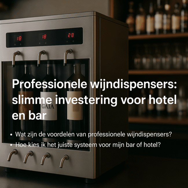professionele-wijndispensers-slimme-investering-voor-hotel-en-bar Een marketingafbeelding van een moderne, roestvrijstalen wijndispenser waarin drie wijnflessen staan gekoeld achter glas, met daarboven digitale temperatuurdisplays en schenktuitjes. Over de afbeelding heen staat de tekst "Professionele wijndispensers: slimme investering voor hotel en bar", gevolgd door twee bulletpoints met vragen over de voordelen en de systeemkeuze.