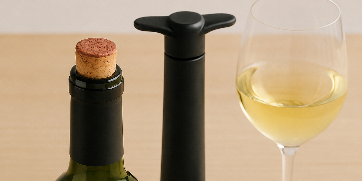 wijn-bewaren-zonder-oxidatie-praktische-tips-voor-horeca-en-retail Een geopende fles wijn met een kurk erin, een zwarte vacuümpomp, een losse vacuümstopper en een ingeschonken glas witte wijn op een lichte houten ondergrond