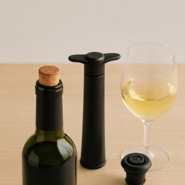 Een geopende fles wijn met een kurk erin, een zwarte vacuümpomp, een losse vacuümstopper en een ingeschonken glas witte wijn op een lichte houten ondergrond